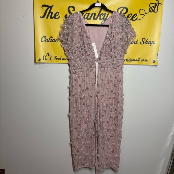 NWT Mac Duggal Pink Cap Sleeve Sheath Midi Dress With Floral Beading - Picture 5 of 8